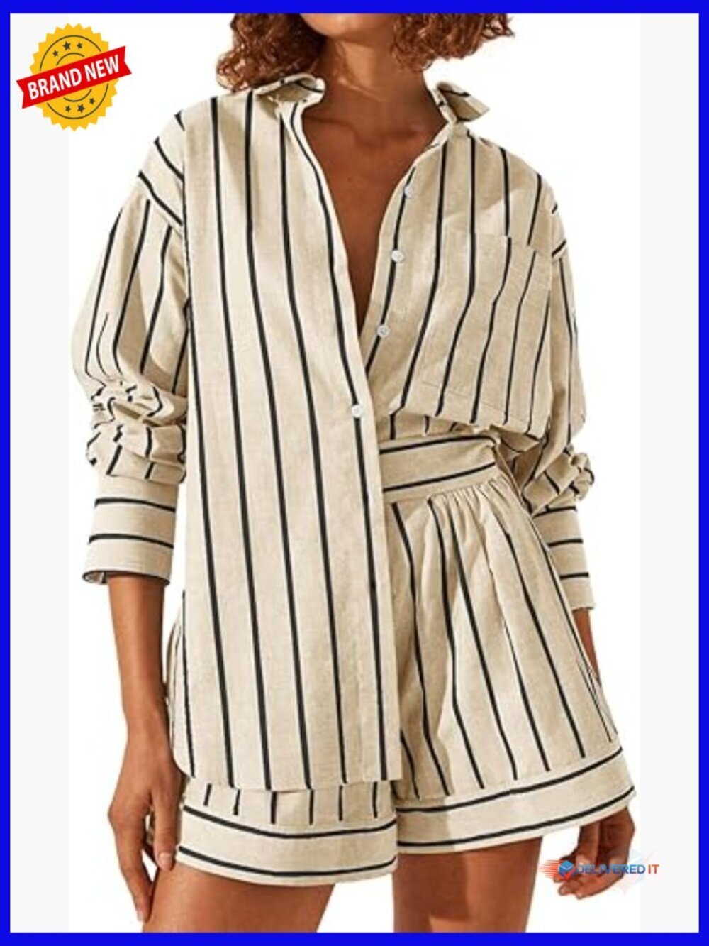 Women's 2 Piece Striped Long Sleeve Button Down Shirt & Shorts Set